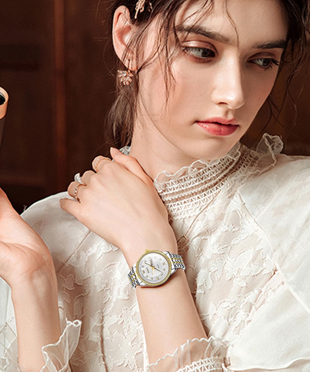 OLEVS Womens Watches Small Face Ladies Watches for Women with Day Date Diamond Silver Gold Two Tone Stainless Steel Waterproof Analog Reloj para Mujer Classic Fashion Dress Quartz Womens Wrist Watch