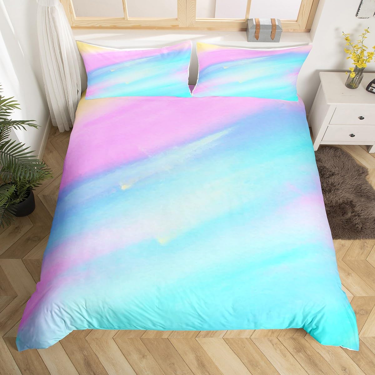 Watercolor Rainbow Comforter Quilt Cover King Size, Pastel Tie Dye Design Bedding Set, Modern Fashion Colorful Duvet Cover for Girls Women Bedroom Decorations, Multicolor