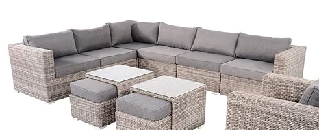 lifestyle4living Gartenbank 6 Sitzer aus Polyrattan Geflecht in grau inkl. Kissen. Die Loungebank ist wetterfest, ideal für G
