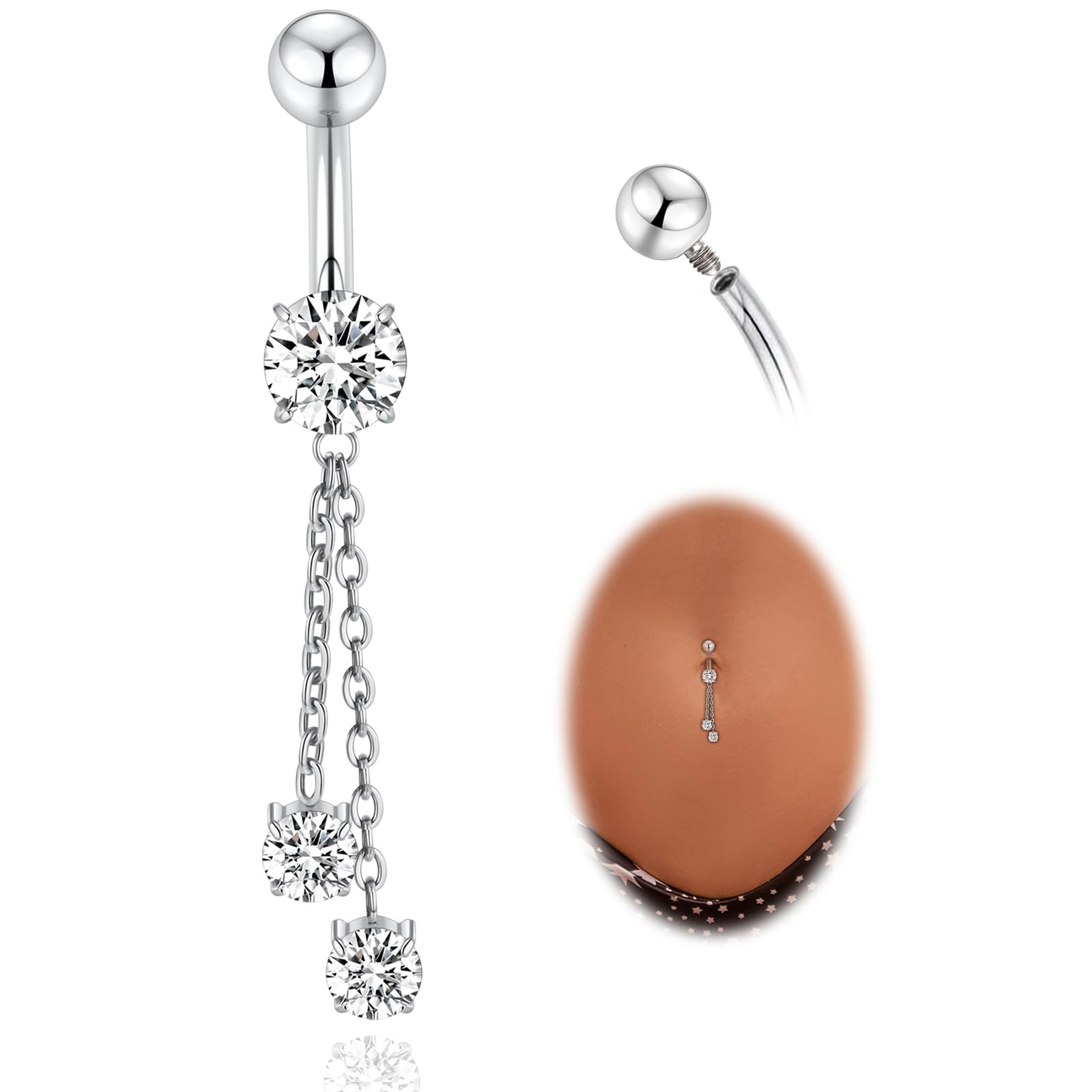 Photo 1 of AROWRO Dangle Belly Button Rings Titanium Sliver Belly Button Ring Hypoallergenic 14G Dangle Navel Piercing Jewelry 10mm Barbell for Women With Clear Cubic Zircon