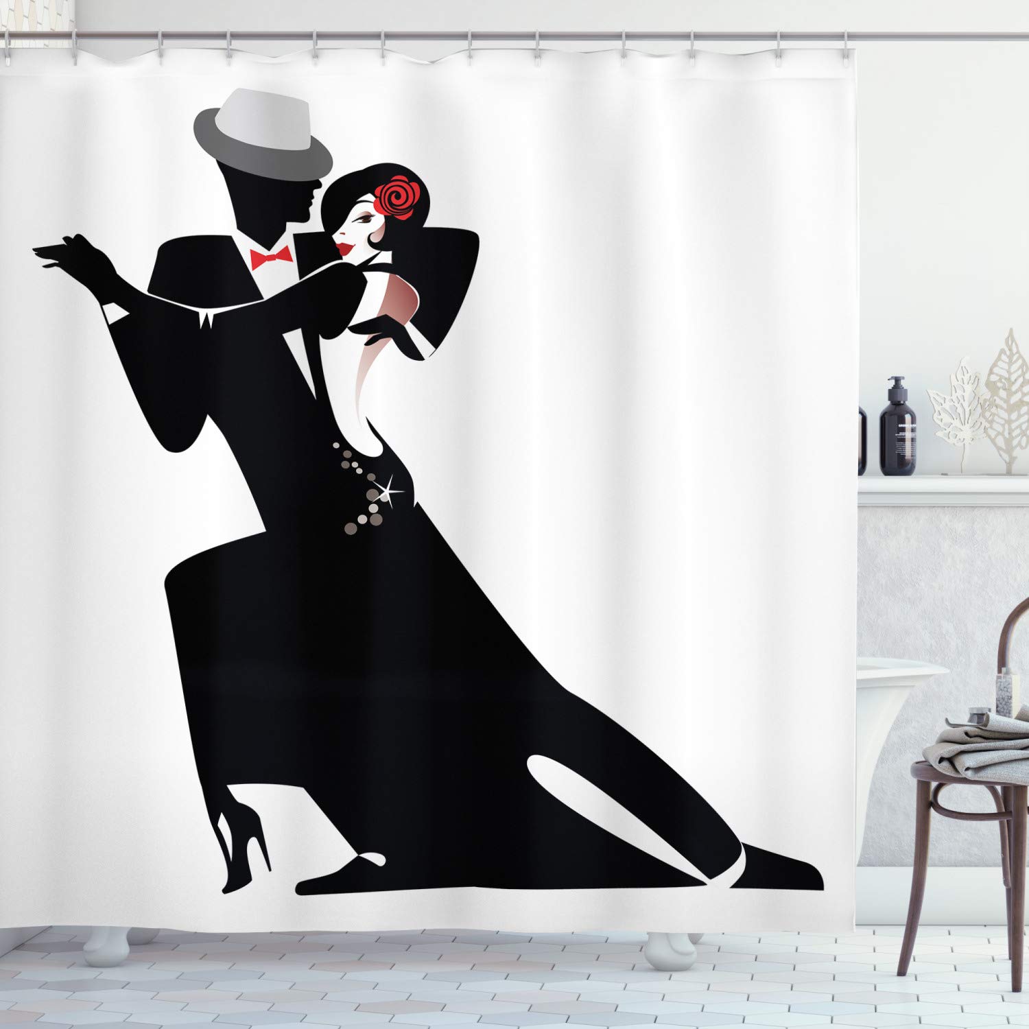 ABAKUHAUS Retro Shower Curtain, Man and Woman Partners Romantic Dance Tango Waltz Lovers in Rhythmic Music Art Print, Cloth Fabric Bathroom Decor Set with Hooks, 70" Inches, Red White Black
