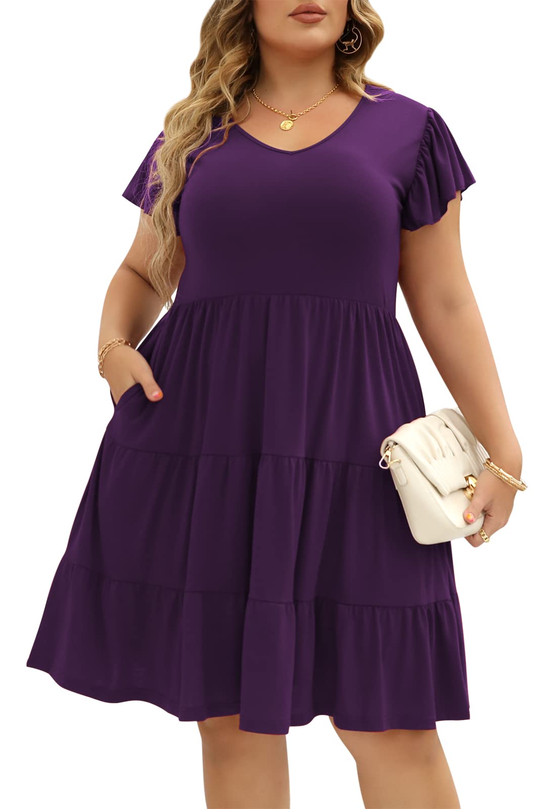 Photo 1 of Celkuser Plus Size Casual Summer Dresses Curvy Womens Elastic Waist Tiered A Line Ruffle Hem Dress with Pockets(cel137,14,Purple)