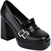 Women's Retro Square Toe Chunky High Heel Brogue Loafers Vintage Carving Comfortable Slip On Platform Block High Heel Pumps Dress Shoes for Uniform Goth Y2k