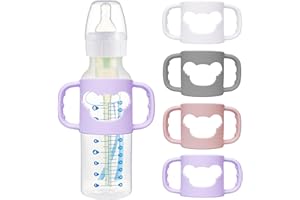Ami.Todfo 4 Pack Silicone Baby Bottle Handles for Dr. Brown's Narrow & Wide Baby Bottles Hoder, Easy Grip Self-Feeding Universal Bottle Handle, BPA-Free, 100% Silicone, White, Gray, Pink, Purple