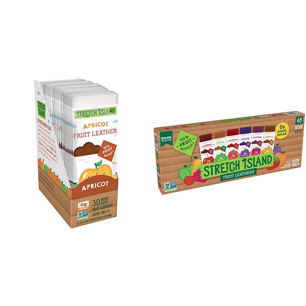 Stretch Island Original Fruit Leather, Apricot, 0.5 Ounce Leathers, 30 Count & Fruit Leather Snacks Variety Pack, 0.5 Ounce, Pack of 48