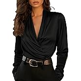 Womens Elegant Wrap V Neck Satin Shirts Casual Long Sleeve Drape Ruched Front Formal Dressy Blouse for Business Work