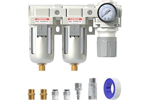 AIRZOE 1/2" NPT Air Dryer for Compressor-Air Compressor Water Separator A4110-04,Double Air Compressor Filter,Air Pressure Regulator Combo,5 Micron Brass Element,Semi-Auto Drain,0-145 psi Gauge
