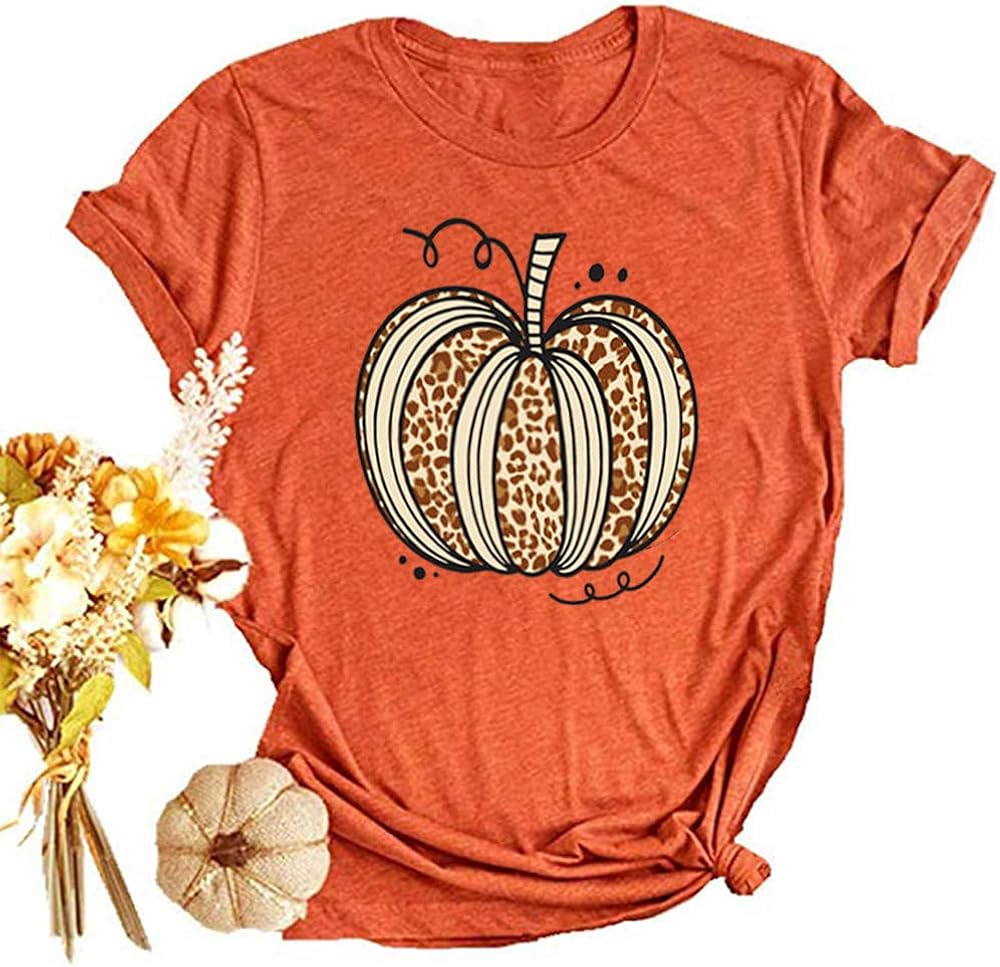 Woffccrd Womens Funny Leopard Pumpkin Printed Shirts Halloween Short Sleeve Graphic Tees Fall T-Shirts Tops: Clothing