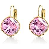 YONVUN Austrian Crystal Square Drop Dangle Leverback Earrings | Plated 18K/Rose Gold Zircon Gemstone Birthstone Hoop Hanging Dangly Earrings Jewelry Gift for Wife Mom Daughter Girlfriend