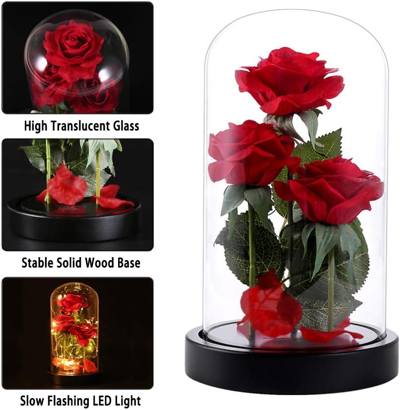 Beauty and the Beast Rose, Red Silk Rose with LED Light and Fallen Petals on a Glass Dome Wooden , Best for Weddings, Anniversaries, Wedding Accessories & Christmas Presents (T1)