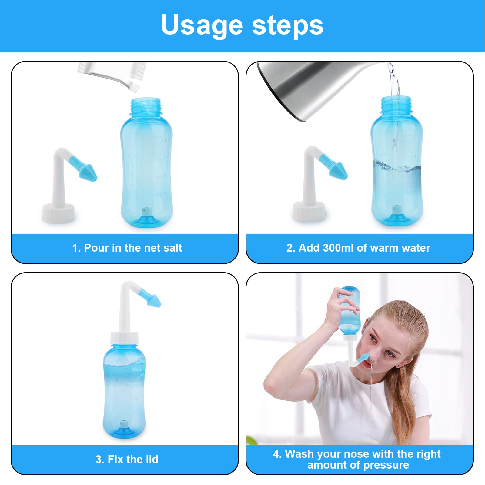 Miruchertter Nasal Wash Bottle Neti Pot Sinus Rinse 300ml Nose Wash Cleaner Sinus Rinse Bottle for Effective Nasal Irrigation Ideal for Adults and Kids BPA Free, Blue