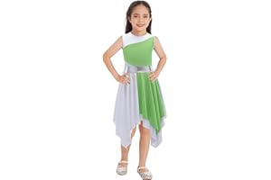 Oyolan Kids Girls One Shoulder Lyrical Praise Dance Dress Sleeveless Color Block Tunic Liturgical Worship Costume