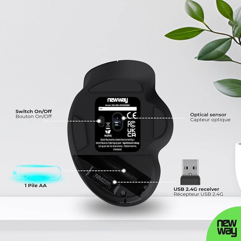 NM255 - Ratón inalámbrico WiFi 2.4GHz con receptor USB ergonómico - DPI 4000 - Silencioso 95% de reducción de ruido - 6 botones - para PC, ordenador portátil, Mac y Linux (Negro) — foto 5 de 8