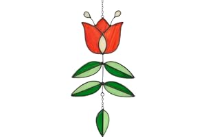 MintyWiz Flower Stained Glass Window Hanging, Tulip Suncatcher, Modern Stained Glass with Folk Design, Unique Wall Hanging Decor, Handmade Stained Glass for Mom, Plant Lover, 9.4" x 4.7"