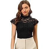 Allegra K Women's Elegant Floral Lace Blouse Short Sleeve Keyhole Back Fitted Semi Sheer Top