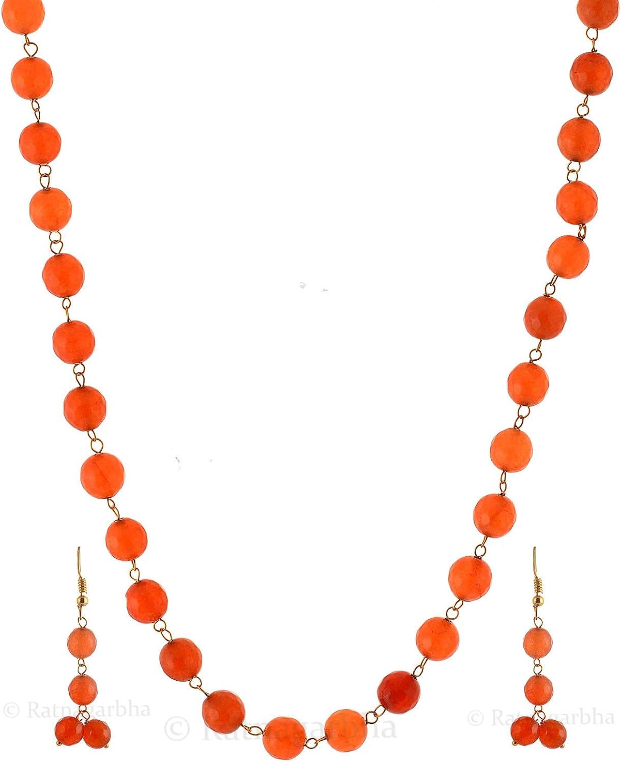 Ratnagarbha Orange Color Quartz Faceted Round Beaded Golden Chain Necklace Set with Earrings, Long Necklace, Daily,Party,Office,Casual,Wedding wear Jewelry for Women/Girls, Wholesale Price.