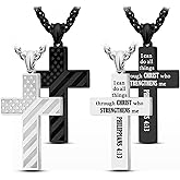 2-Pack American Flag Cross Necklace for Men with Bible Verse | Silver & Black Stainless Steel Patriotic Pendant Christian Religious Jewelry | Birthday, Graduation, Christmas Gift with Gift Box