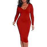 BORIFLORS Women's Sexy Bodycon Long Sleeve Deep V Neck Club Party Midi Pencil Dresses