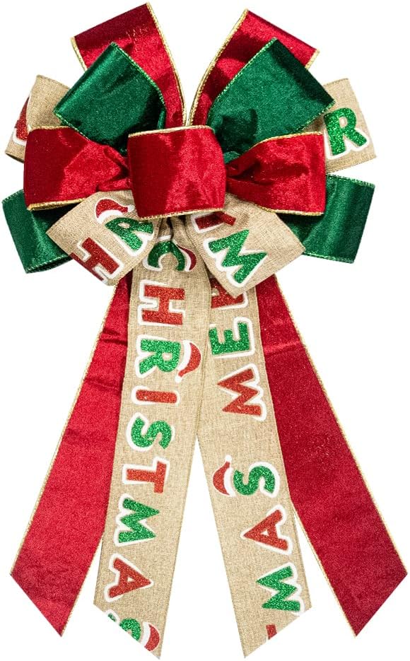 Bows & Ribbons - On-Airstore Large Christmas Wreath Bows, Christmas Words Velvet Ribbon Bows for Wreaths, Large Tree Topper Bows for Christmas Home Garden Indoor Outdoor Party Decoration Wreath Ornament Supplies