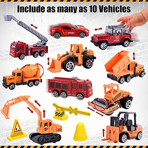 HONYAT Engineering Construction Vehicles Toys Set with Play Mat and Car Storage Box ,10 Alloy Cars Include Fire Trucks -with Accessories and Tower Crane ,Gift for Boys and Girls Ages 3-12.
