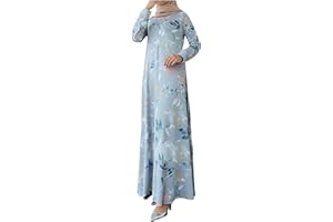 SGASY Muslim Dress for Women Long Sleeve Crew Neck Button Islamic Arab Maxi Dress Abaya Kaftan Clothes with Pockets