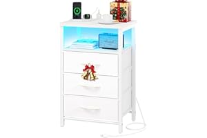 Yoobure Night Stand with Charging Station, 16 Colors LED Nightstand with USB Ports and Outlets, End Table with 3 Fabric Drawers and Storage Shelf, Bedside Tables Small Dresser for Small Space White