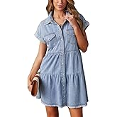 HBQ Women's Casual Babydoll Denim Shirt Dresses Short Sleeve Loose Fit Button Down Mini Jean Dress