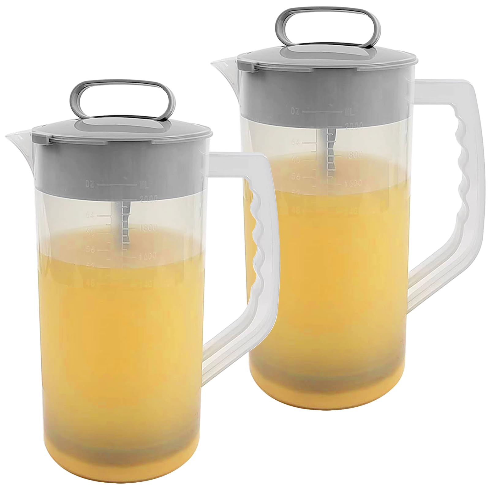 Photo 1 of 2 Pack Mixing Pitcher for Drinks 2 Quart/ 64oz Plastic Water Pitcher with Lid?Easy-Mix Juice Container?Angled Plastic Blades and Adjustable Mixer Plunger for Juice, Tea, Beverage Container
