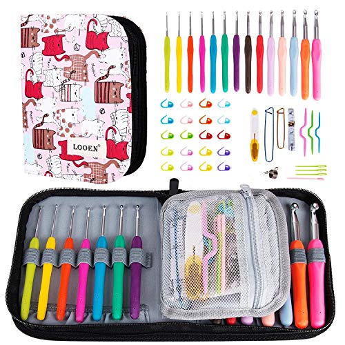 K Kwokker 48 Pieces Ergonomic Crochet Hooks Set with Cartoon Cat Case Grip Crochet Kit and Accessories for Beginners and Crocheters, Complete Accessories, Small Volume and Convenient to Carry, Pink, 2