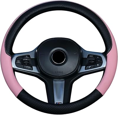 TSLBW Car Steering Wheel Cover 37-38cm PU Leather Pink Breathable Anti-slip
