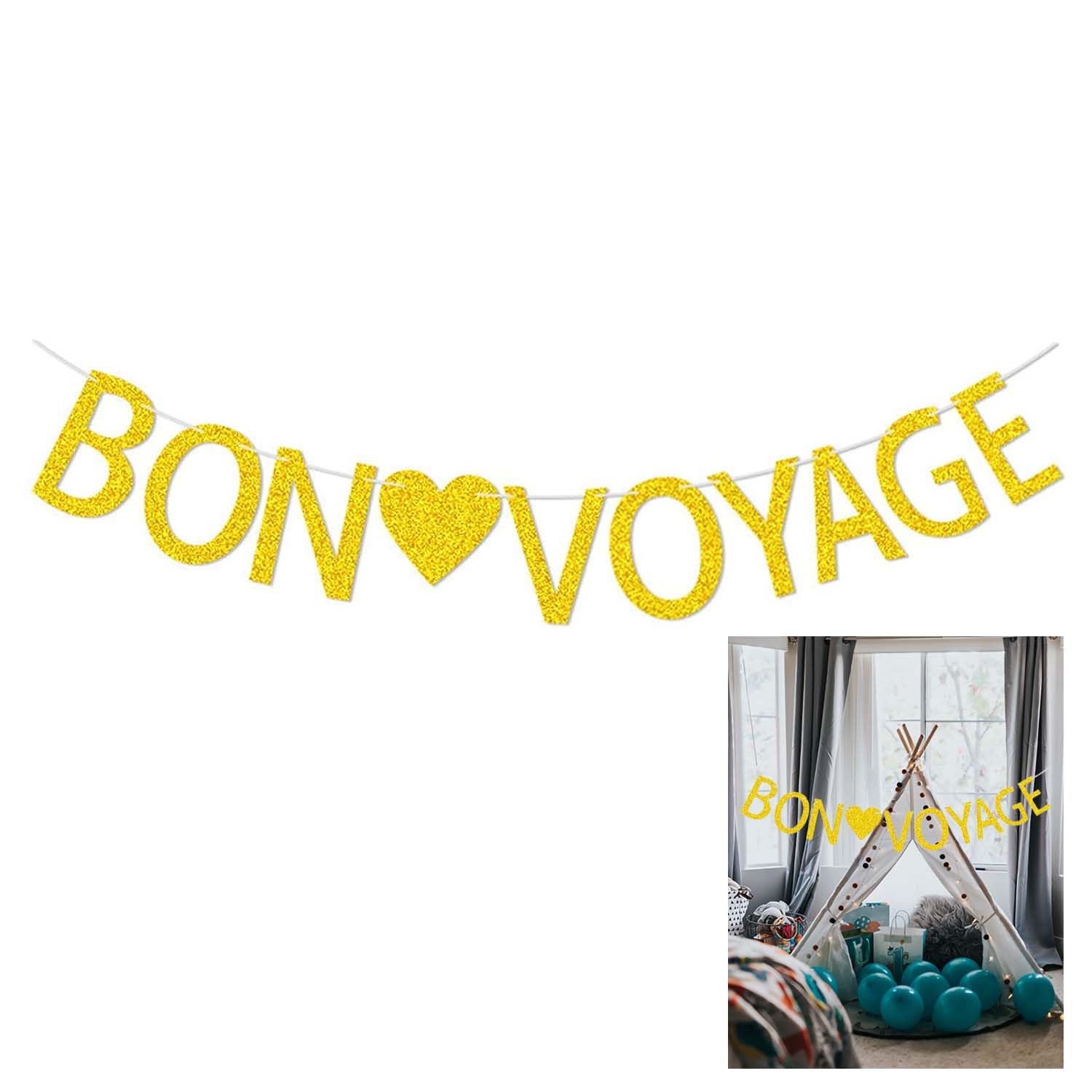 Xinyebingxue Bon Voyage Banner, Farewell Party Decoration, 5.31 inch Gold Glitter Letters Banner Ribbon is 9.8 feet，Banner suitable for Graduation and Retirement Parties
