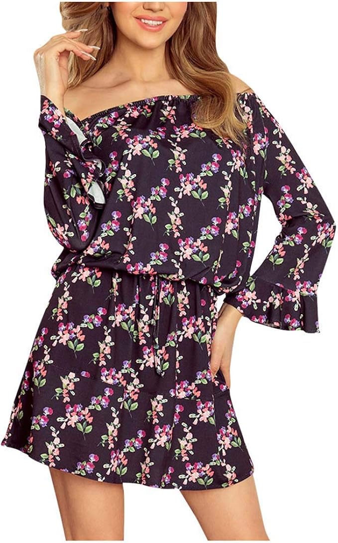 Sexy Off Shoulder Sundresses for Women Casual Summer 3/4 Sleeve Flare