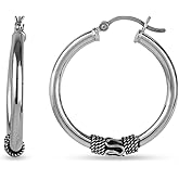 LeCalla 925 Sterling Silver Bali Hoop Earrings for Women | Antique Balinese Beaded Hoop Earrings | Balinese Rope Pattern Click-Top Hoops Earring | Two-Tone Bohemian Tribal Bali Hoop Earrings