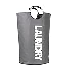 OIKA Laundry Hamper,Collapsible Oxford Fabric Laundry Basket with Handles of Soft Grip,Folding Washing Bin,Large Waterproof Laundry Bag with PE Coating Inside for Washing Room,Grey