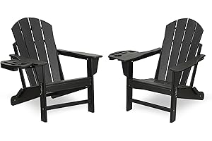 FOOWIN Adirondack Chair Set of 2, HDPE Folding Adirondack Chair w/4 in 1 Cup Holder Trays,Weather Resistant Fire Pit Chairs for Patio Lawn Garden Backyard Deck,15min Assembly 400LB Black