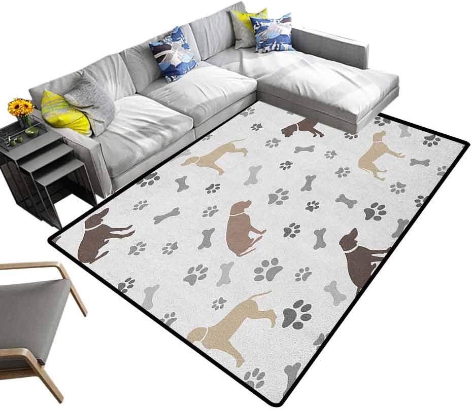 Dog Lover Rug Pad Paw Print Bones and Dog Silhouettes American Foxhound Breed Playful Pattern Bedroom Hallway Rug Umber Beige Grey (4'x6')