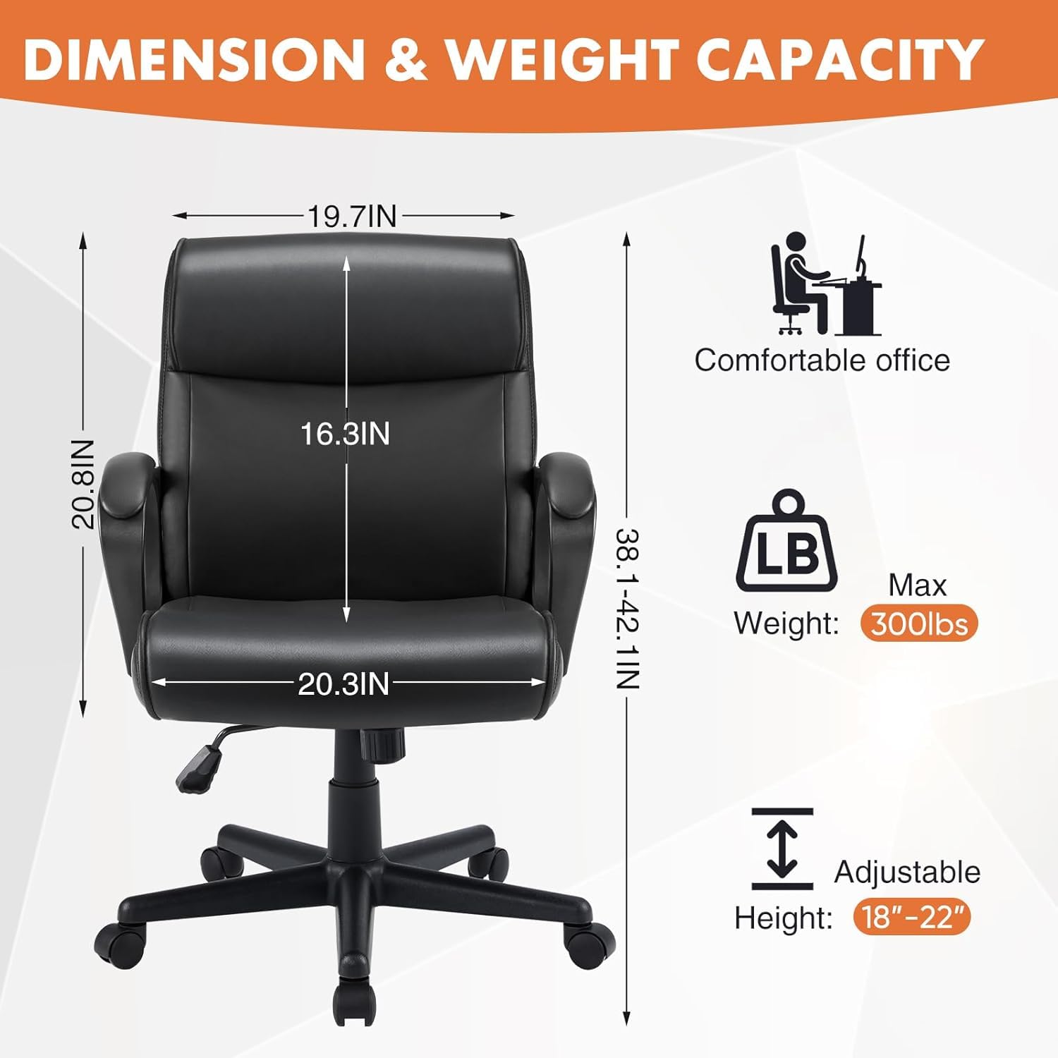 Sweetcrispy Ergonomic Office Chair Adjustable Height 360° Swivel Rolling Executive Computer Task Chairs with Padded Armrests, PU Leather - Image 2