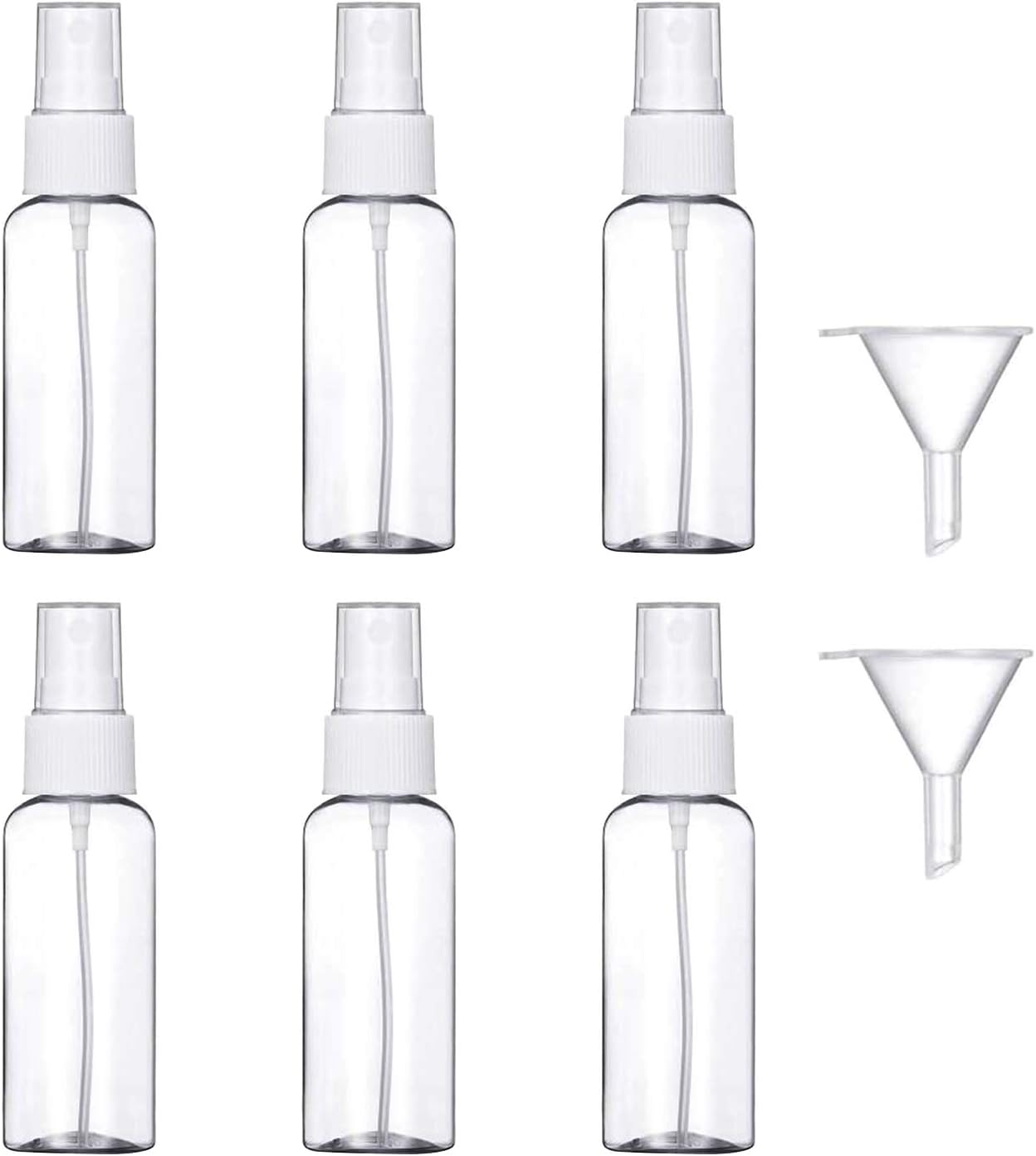 6Pcs 50ML MOCOCITO Travel Spray Bottles Set with 2Funnels, Portable Empty Transparent Clear Plastic Atomiser Bottle Set Refillable Liquid Containers for Home Travel Fine Mist Cosmetic