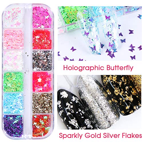 Mrsyel 12 Boxes Butterfly Nail Art Holographic Glitter Nail Sequins Iridescent Foils Flakes Glitter Colorful Confetti Sticker Manicure Nail Art Supplies DIY Decals Resin Art Decoration (5-Butterfly)
