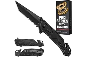 GOOD WORKER Legal Pocket Knife with Ball Bearing - 5 in 1 Knife - 2.8” Serrated Tanto Blade - with Glass Breaker & Seatbelt Cutter & Pocket Clip - Small Tactical Folding Knives for Men Women Hunting EDC 6620 B