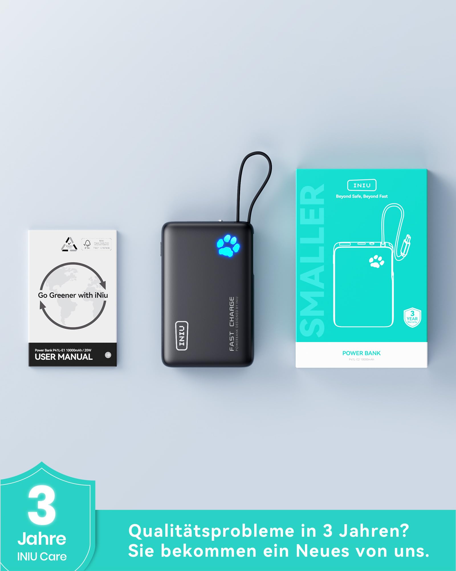 INIU Power Bank, 45W Schnellladen Mini Größe PowerBank, 10000mAh Externe Handyakkus mit Integriertem USB C Kabel, Flugzeug Geeignet, Reise Essential für iPhone 17 16 15 14, Xiaomi, Samsung, iPad, etc. 8