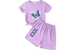 Afsmlys Kid Toddler Girl Butterfly Printed Short Sleeve T-Shirt + Waist Shorts Set 2PC Clothing For Summer