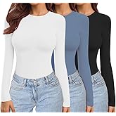 Ekouaer Womens 3 Pack Long Sleeve Shirts Crew Neck Stretch Fitted Underscrubs Trendy Basic Tops Lightweight Thermal Tee