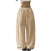RoseSeek Women's Boho Wide Leg Linen Pants Drawstring Waist Casual Loose Trousers Vacation Outfits