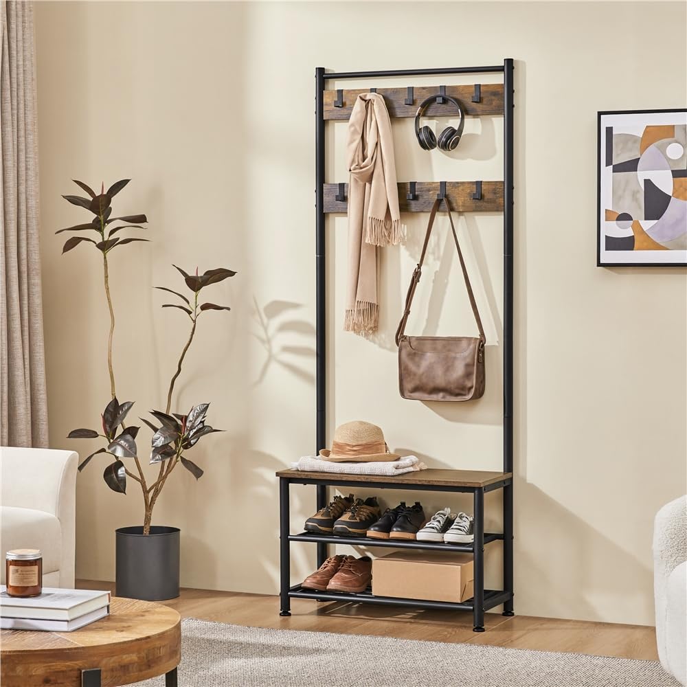Yaheetech Coat Rack Stand 185cm with Shoe Bench Rustic Brown Industrial Hall