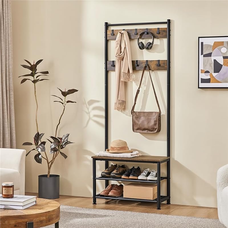 Yaheetech Coat Rack Stand 185cm with Shoe Bench Rustic Brown Industrial Hall