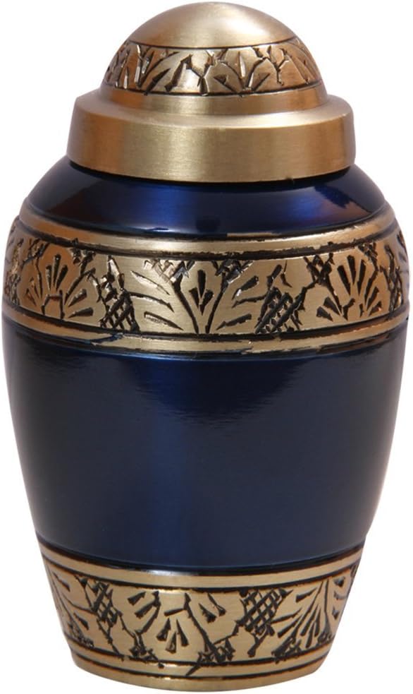 Engraved Blue Brass Mini Keepsake Urn for Human Ashes