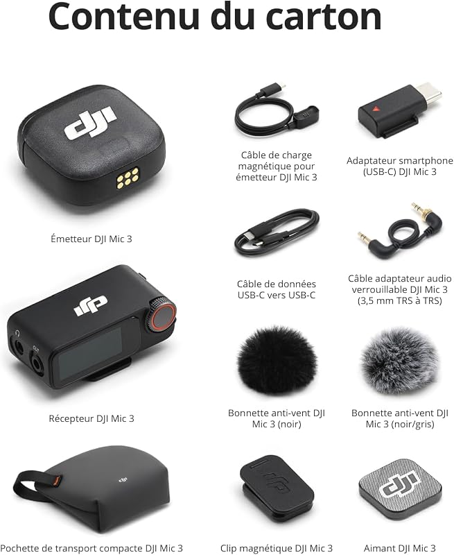 Mic 3 (1 TX + 1 RX), Microphone Cravate sans Fil