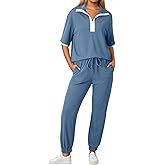 Dokotoo 2 Piece Sets for Women Summer Lapel V Neck Short Sleeve Tops Long Pants Tracksuit Lounge Jogger Set with Pockets