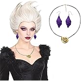Aicos Gray White Cosplay Wig Sea Witch Cosplay Wig with Shell Necklace and Purple Earrings for Women Halloween Costume Crazy Wig Hair Fits All+Wig